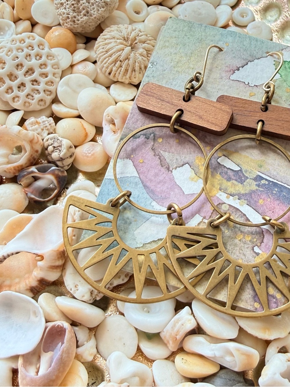 Boho Gold and Wood Sunburst Hoop Earrings